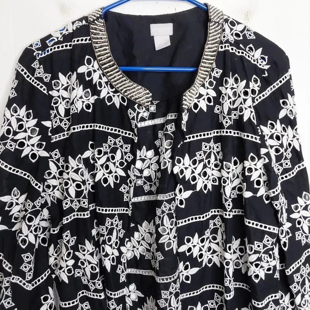 Chicos Jacket Cardigan Womens 2 Large 12 Eyelet Beaded Neckline Summer Event